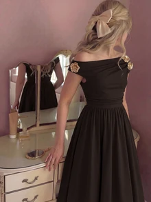 SHEIN Tween Girl Brown Asymmetric Neck Elegant Metal Flower Decor Dress - Brown - View 3
