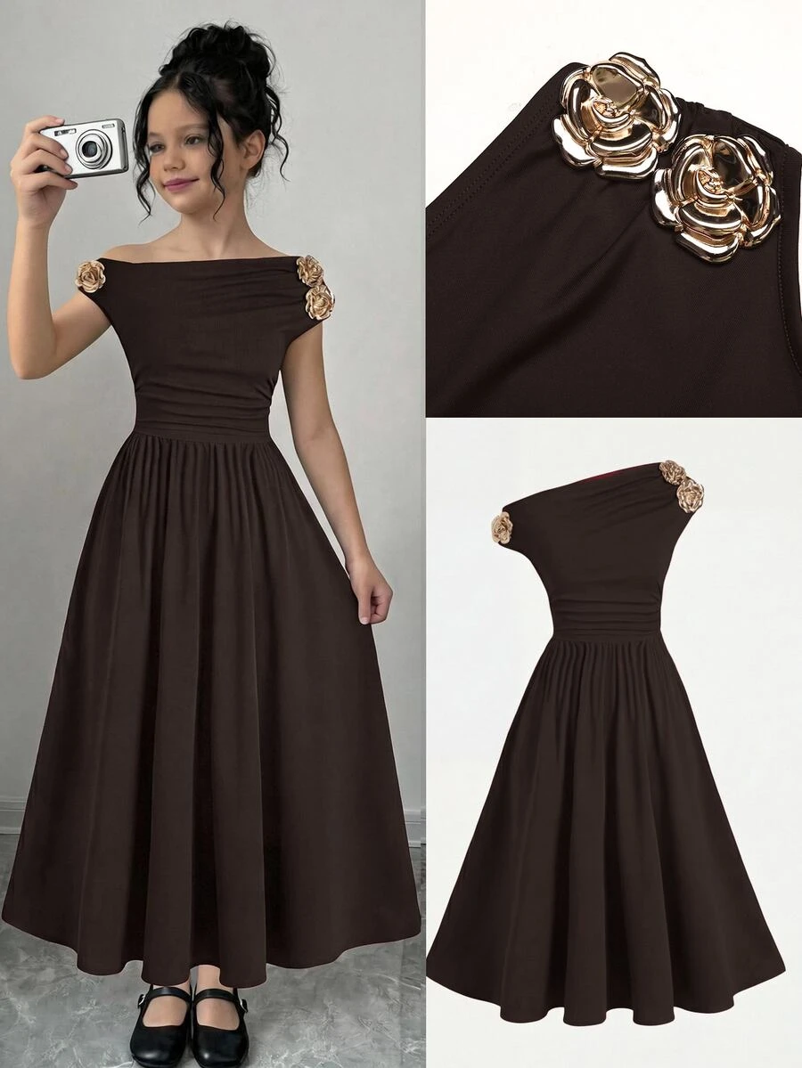 SHEIN Tween Girl Brown Asymmetric Neck Elegant Metal Flower Decor Dress - Brown - View 1