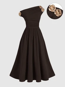 SHEIN Tween Girl Brown Asymmetric Neck Elegant Metal Flower Decor Dress - Brown - View 4