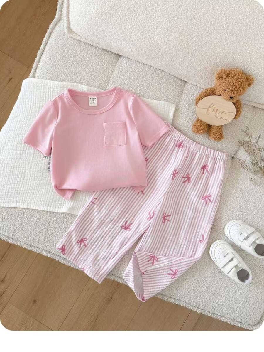 SHEIN 女婴可爱夏季休闲针织粉色宽松T恤和条纹蝴蝶结松紧腰裤套装 - 粉色 - 查看 1
