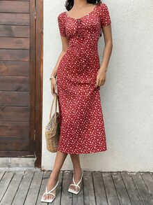Flirla Women's Ditsy Floral Tie Front Short Sleeve Elegant Vacation Dress - Red - View 4