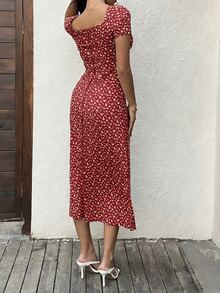 Flirla Women's Ditsy Floral Tie Front Short Sleeve Elegant Vacation Dress - Red - View 2