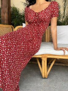 Flirla Women's Ditsy Floral Tie Front Short Sleeve Elegant Vacation Dress - Red - View 3
