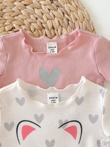 4件套新生女宝宝可爱休闲针织爱心图案家居服套装 - 粉色 - 查看 8