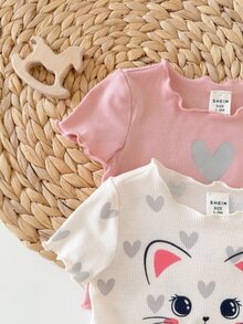 4件套新生女宝宝可爱休闲针织爱心图案家居服套装 - 粉色 - 查看 6