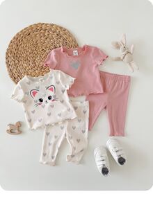 4件套新生女宝宝可爱休闲针织爱心图案家居服套装 - 粉色 - 查看 3