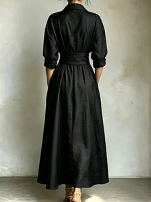SHEIN 女款極簡休閒襯衫領洋裝 - 黑色 - 查看 2