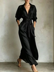 SHEIN 女款極簡休閒襯衫領洋裝 - 黑色 - 查看 3