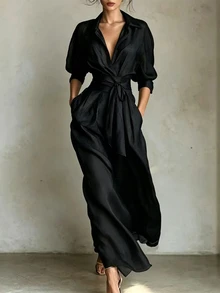 SHEIN 女款極簡休閒襯衫領洋裝 - 黑色 - 查看 1