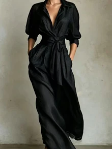 SHEIN 女款極簡休閒襯衫領洋裝 - 黑色 - 查看 4