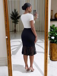 SHEIN Lady CURVE 大尺碼優雅通勤蕾絲拼接魚尾裙 - 黑色 - 查看 2