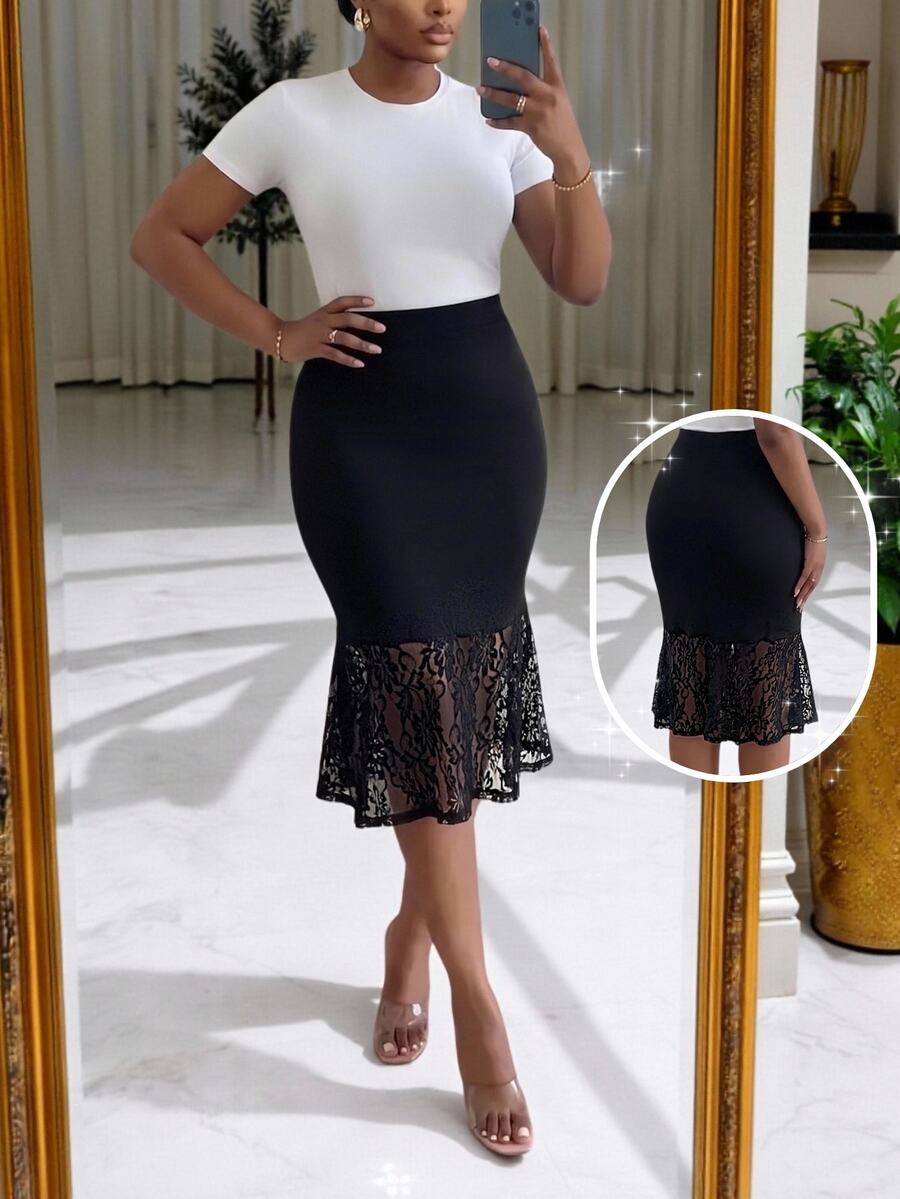 SHEIN Lady CURVE 大尺碼優雅通勤蕾絲拼接魚尾裙 - 黑色 - 查看 1