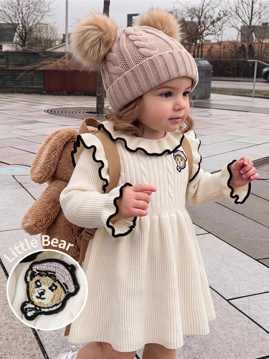 SHEIN Baby Girl Knitted Ruffle Hem Casual Teddy Bear Patchwork Sweater Dress - Black and White - View 1