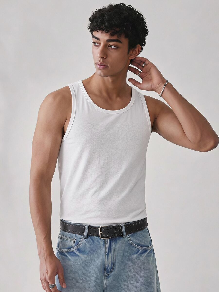 NORVETH Men 100% Cotton Solid Tank Top - White - View 1