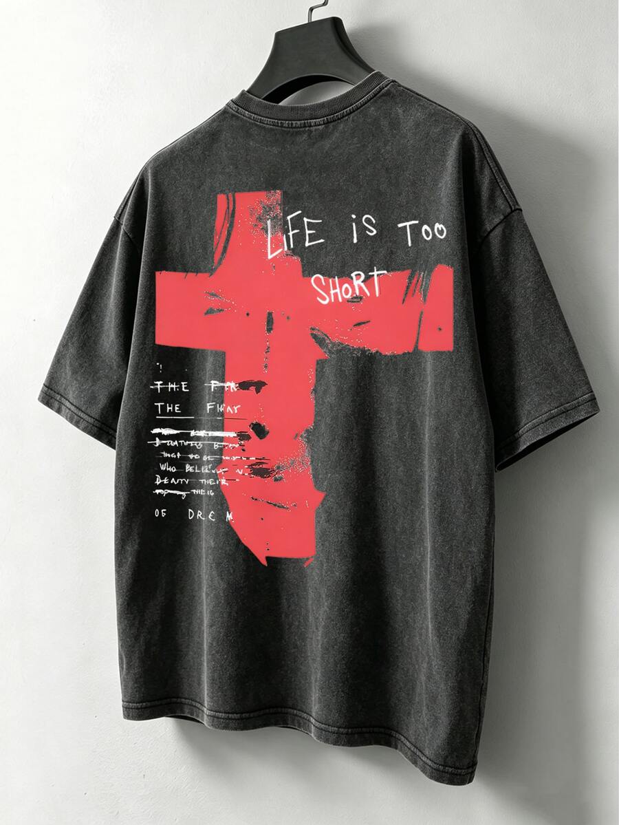 Manfinity Roghcode Men's Letter Graphic Casual Daily Short Sleeve T-Shirt - Black - View 1