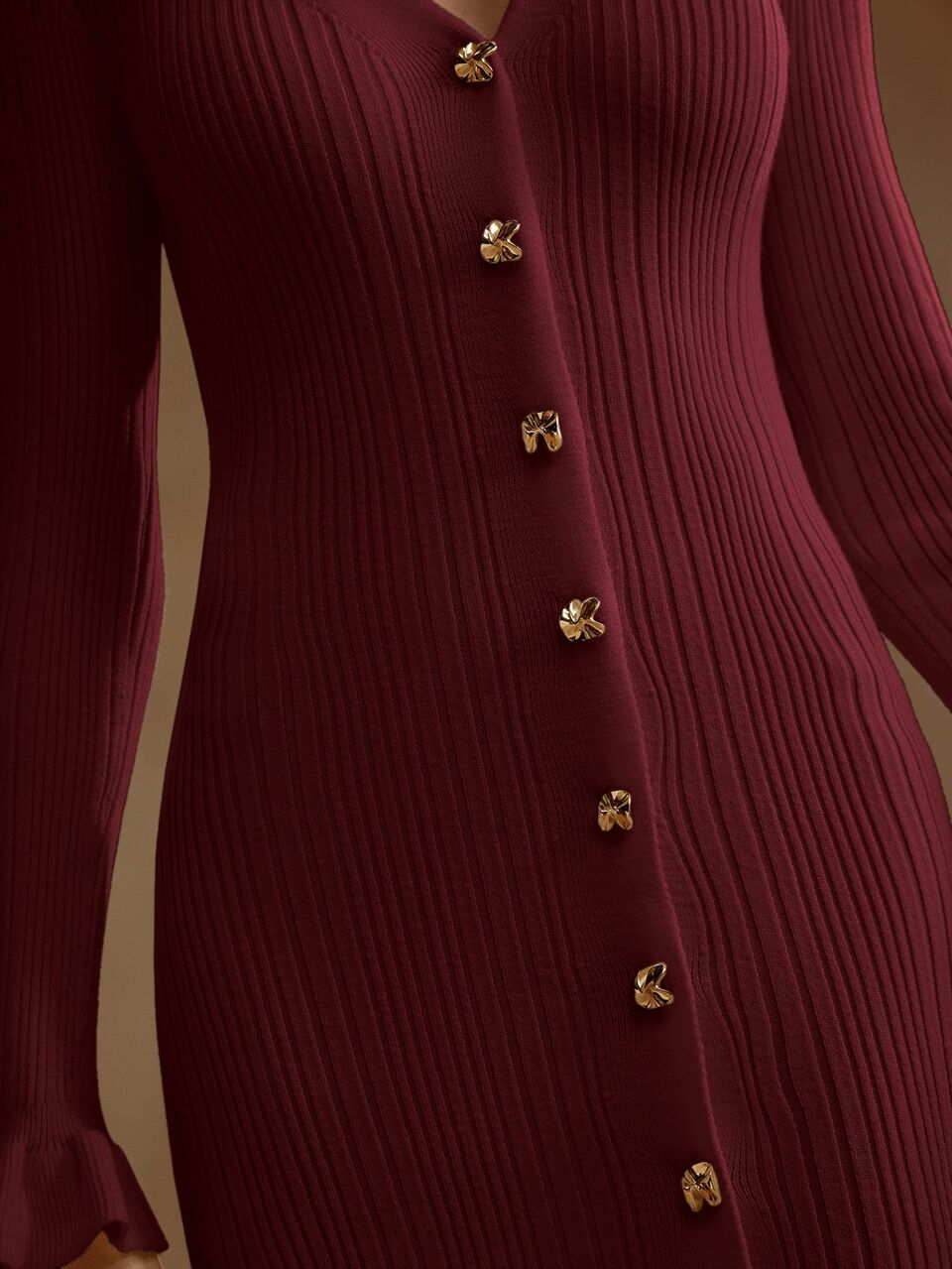 Elegant Solid Color V-Neck Long Sleeve Fitted Maxi Dress With Frill Trim And Side Slit For Women, Autumn/Winter