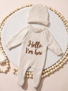 SHEIN 2件組趣味圖案刺繡新生兒攝影套裝 針織米色白色連身衣連身褲帽子 嬰兒秋季家庭穿搭可愛款 - 米色 - 查看 7