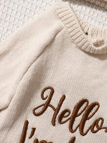 SHEIN 2件組趣味圖案刺繡新生兒攝影套裝 針織米色白色連身衣連身褲帽子 嬰兒秋季家庭穿搭可愛款 - 米色 - 查看 6