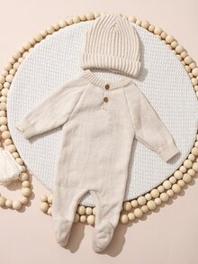 SHEIN 2件組趣味圖案刺繡新生兒攝影套裝 針織米色白色連身衣連身褲帽子 嬰兒秋季家庭穿搭可愛款 - 米色 - 查看 2