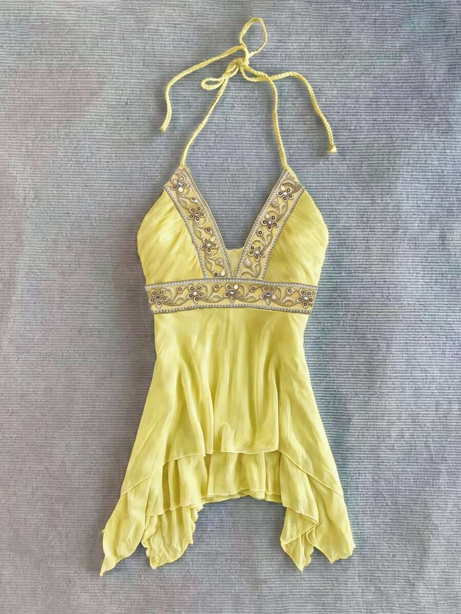 IslaSuriya 女款時尚百搭百褶串珠刺繡掛脖綁帶上衣,適合約會與音樂節 - 黃色 - 查看 1
