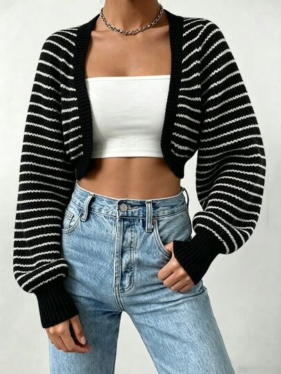 SHEIN Raffinéa Autumn/Winter New Black & White Thin Horizontal Striped Short Knit Shawl Cover Up For Women, Loose Drop Shoulder Long Sleeve Buttonless Open Front, Slouchy, Petite Layering Outerwear, Versatile Soft Knit Vest Cover-Up
