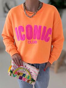 DrmWander 女款圓領運動衫，毛巾刺繡 ICONIC CLUB 字母圖案落肩寬鬆套頭衫，拼色學院風 Y2K 街頭休閒日常穿搭 - 橘色 - 查看 7