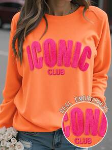 DrmWander 女款圓領運動衫，毛巾刺繡 ICONIC CLUB 字母圖案落肩寬鬆套頭衫，拼色學院風 Y2K 街頭休閒日常穿搭 - 橘色 - 查看 4