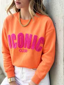 DrmWander 女款圓領運動衫，毛巾刺繡 ICONIC CLUB 字母圖案落肩寬鬆套頭衫，拼色學院風 Y2K 街頭休閒日常穿搭 - 橘色 - 查看 6