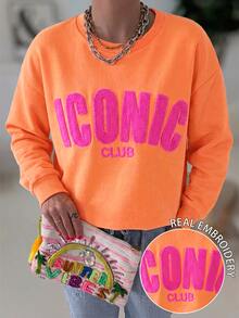DrmWander 女款圓領運動衫，毛巾刺繡 ICONIC CLUB 字母圖案落肩寬鬆套頭衫，拼色學院風 Y2K 街頭休閒日常穿搭 - 橘色 - 查看 8