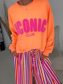 DrmWander 女款圓領運動衫，毛巾刺繡 ICONIC CLUB 字母圖案落肩寬鬆套頭衫，拼色學院風 Y2K 街頭休閒日常穿搭 - 橘色 - 查看 1