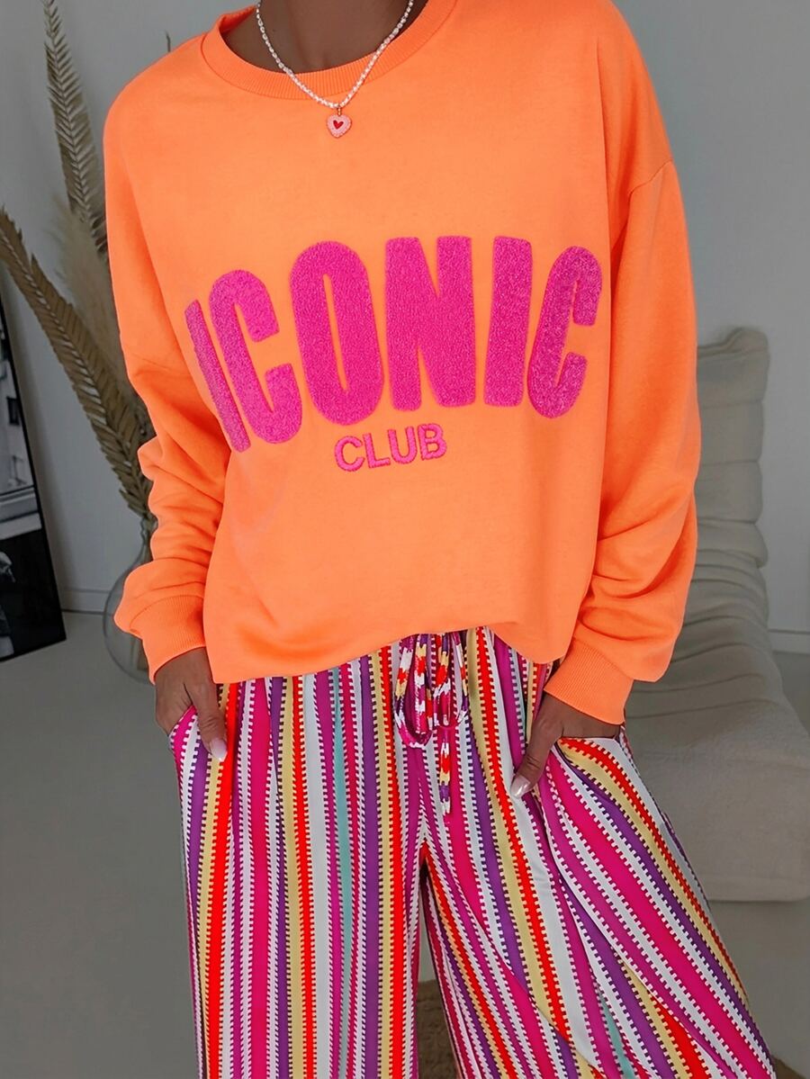 DrmWander 女款圓領運動衫,毛巾刺繡 ICONIC CLUB 字母圖案落肩寬鬆套頭衫,拼色學院風 Y2K 街頭休閒日常穿搭 - 橘色 - 查看 1