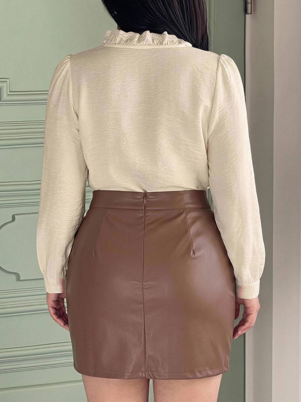 Dazy Plus Elegant Elegant Stand Collar Petal Sleeve Contrast Lace Intricate Commute Long Sleeve Beige Spring Autumn Blouse Brunch Office