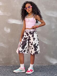 SHEIN 女童迷彩牛仔寬鬆短褲 - 黑色 - 查看 3