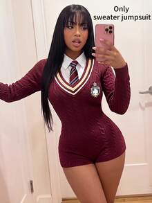 Bumpella Women's Preppy V-Neck Cinched Waist Ultra Short Mini Romper - Burgundy - View 1