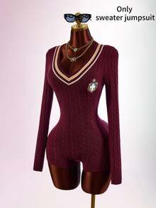 Bumpella Women's Preppy V-Neck Cinched Waist Ultra Short Mini Romper - Burgundy - View 12