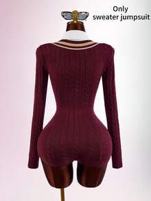 Bumpella Women's Preppy V-Neck Cinched Waist Ultra Short Mini Romper - Burgundy - View 6