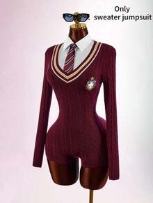 Bumpella Women's Preppy V-Neck Cinched Waist Ultra Short Mini Romper - Burgundy - View 5