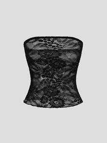 Sweetra Women's Floral Mesh Lace Short Inner Top And Flare Long Sleeve Tie-Front Cover-Up 2 Pieces Set - Black - View 4