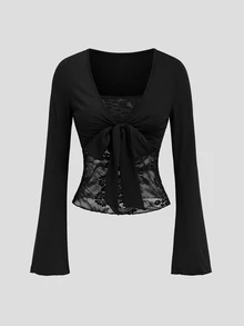 Sweetra Women's Floral Mesh Lace Short Inner Top And Flare Long Sleeve Tie-Front Cover-Up 2 Pieces Set - Black - View 3