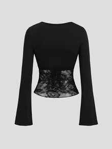 Sweetra Women's Floral Mesh Lace Short Inner Top And Flare Long Sleeve Tie-Front Cover-Up 2 Pieces Set - Black - View 2