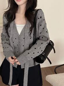 DAZY Women's V-Neck Polka Dot Korean Style Tie-Up Long Sleeve Autumn/Winter Sweater Cardigan - Apricot - View 3