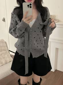 DAZY Women's V-Neck Polka Dot Korean Style Tie-Up Long Sleeve Autumn/Winter Sweater Cardigan - Apricot - View 6