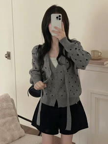 DAZY Women's V-Neck Polka Dot Korean Style Tie-Up Long Sleeve Autumn/Winter Sweater Cardigan - Apricot - View 2