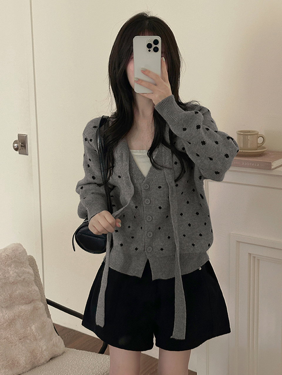 Women's V-Neck Polka Dot Korean Style Tie-Up Long Sleeve Autumn/Winter Sweater