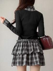 FRIFUL Contrast Plaid Print Tie Neck 2 In 1 Short Dress Fall - Black - View 2