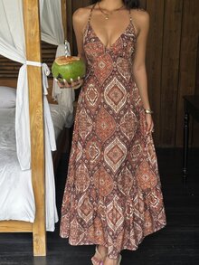 Sunnyshic Women's Printed Spaghetti Strap Dress, Beach Wear, Bohemian Vacation Style, Seaside Holiday, Spring/Summer Shades Of Brown Boho - Orange - View 4
