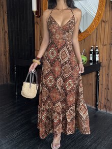 Sunnyshic Women's Printed Spaghetti Strap Dress, Beach Wear, Bohemian Vacation Style, Seaside Holiday, Spring/Summer Shades Of Brown Boho - Orange - View 3