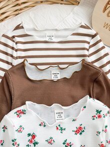 SHEIN 女嬰可愛休閒針織條紋花卉圖案長袖家居服套裝 6件組 - 彩色 - 查看 6