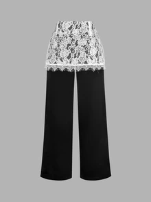 SHEIN MOD Quần dài nữ size lớn phối ren phong cách thường ngày đa năng mặc hằng ngày - Đen và trắng - Xem 2