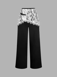 SHEIN MOD Quần dài nữ size lớn phối ren phong cách thường ngày đa năng mặc hằng ngày - Đen và trắng - Xem 5